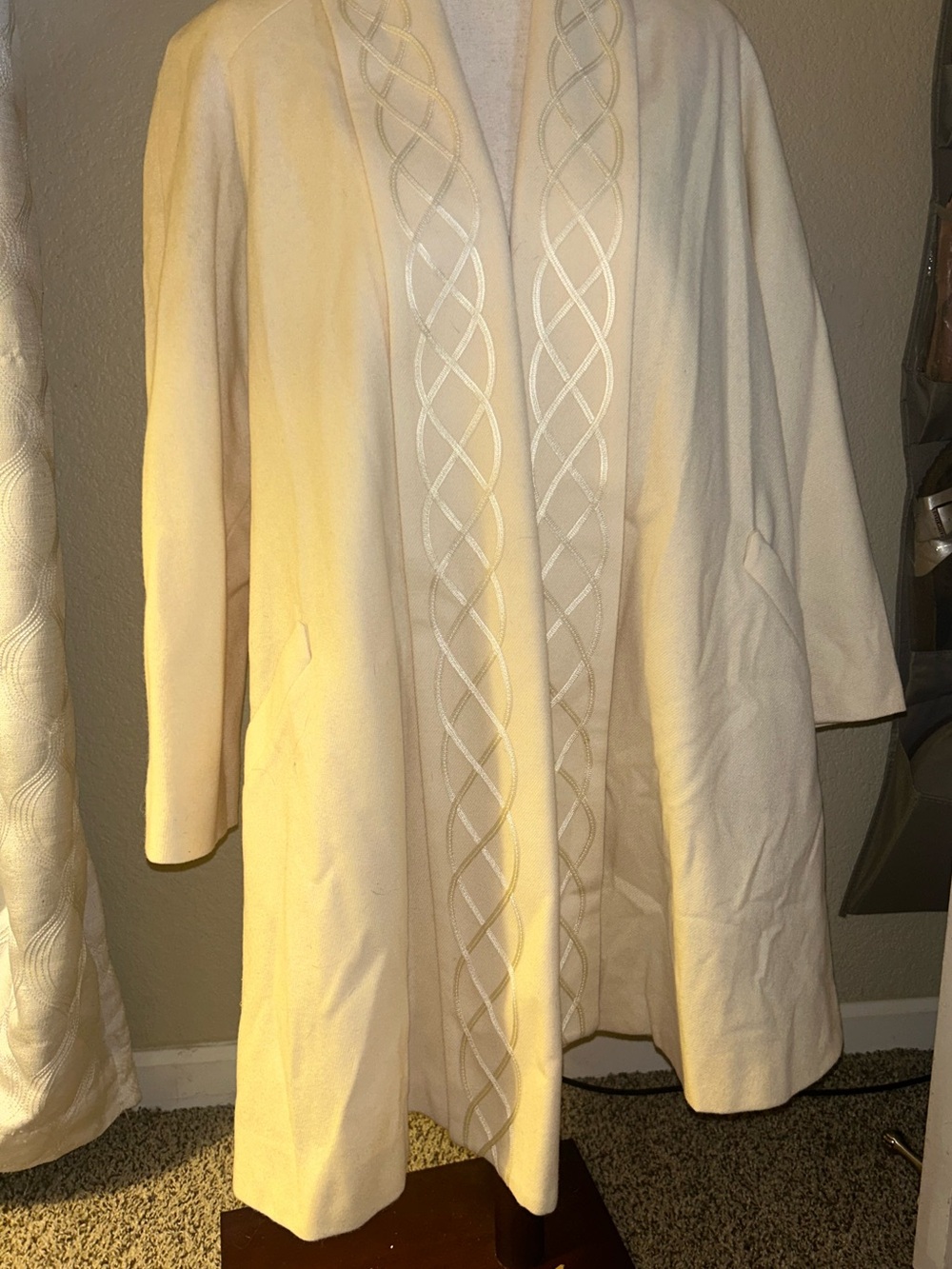 Women's Union Made Vintage Cream 100% Wool Dress Coat with Embroidered Trim